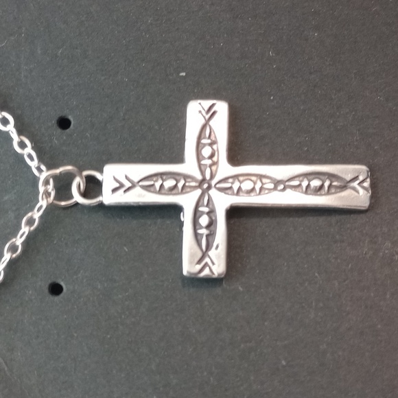Sterling Silver Stamped Cross Pendant Necklace Signed - Picture 6 of 13